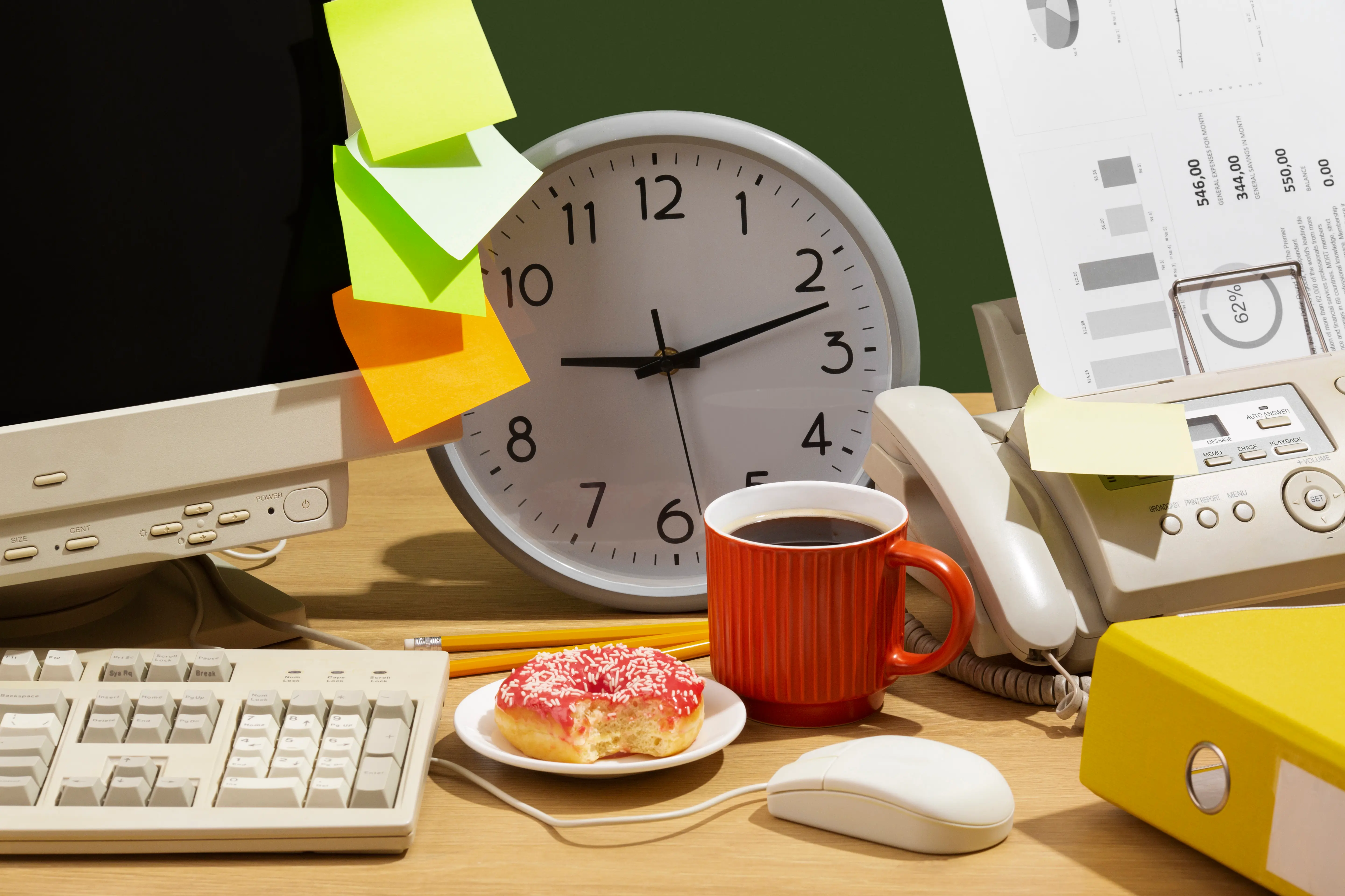 Desk with clock, coffee, documents, and sticky notes symbolizing micro-time management and multitasking pressure