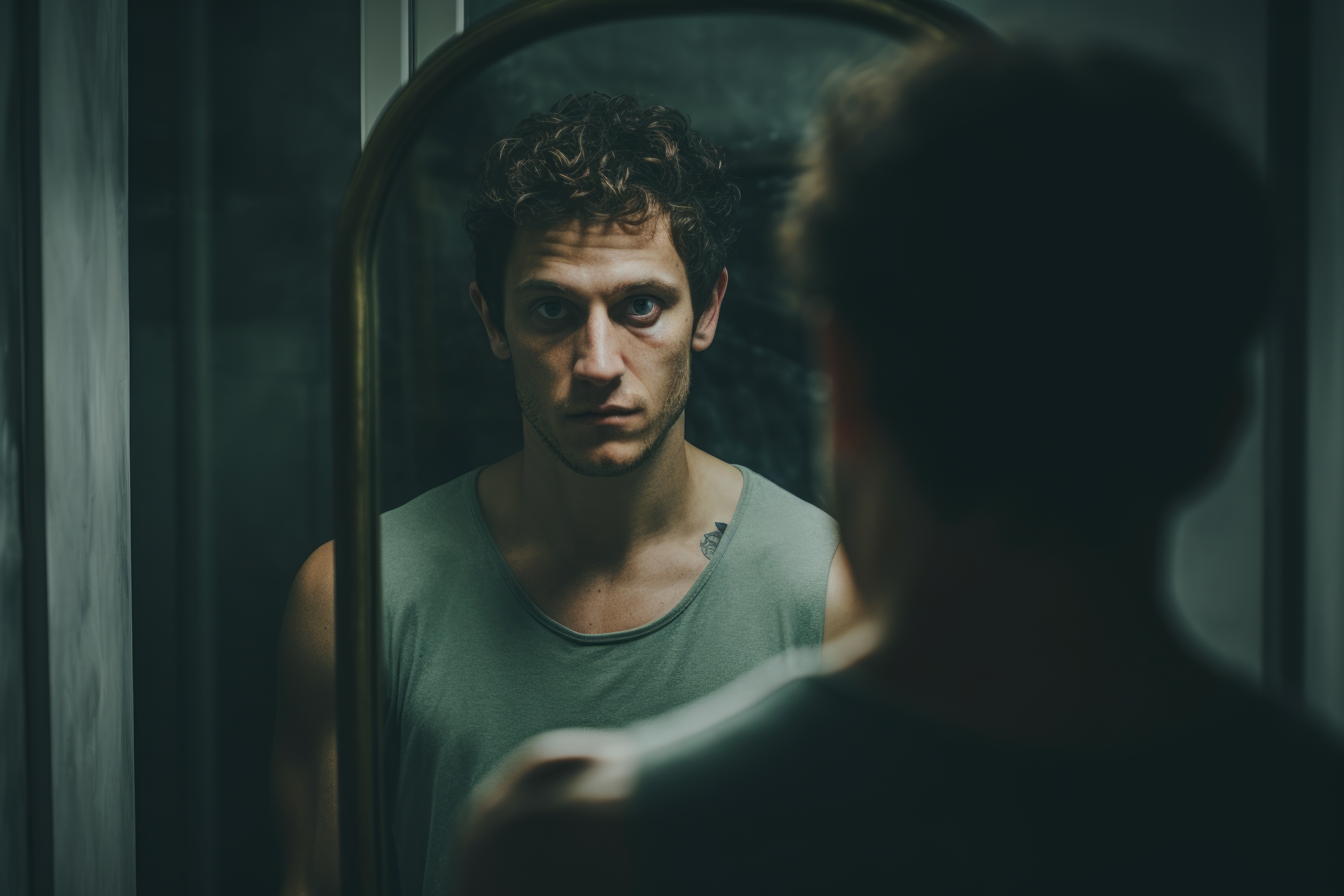 A man staring into a mirror, representing overthinking and inner conflict