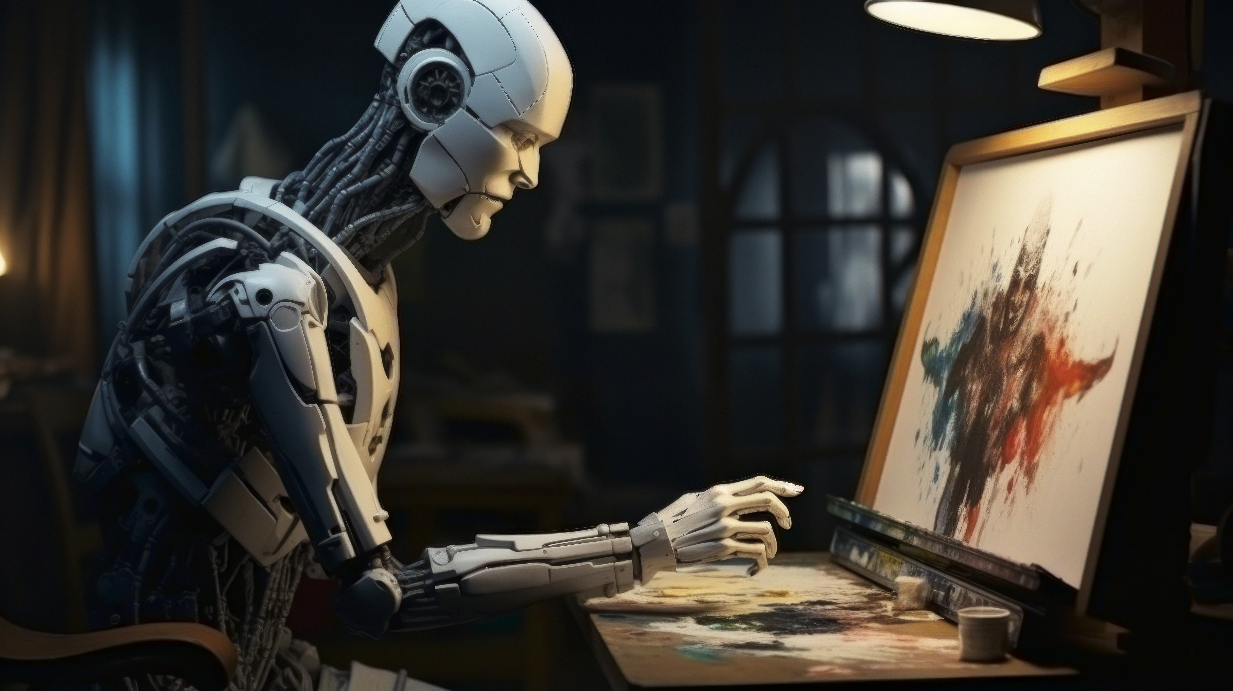 A humanoid robot painting on a canvas with vibrant colors in a dimly lit room, symbolizing the intersection of artificial intelligence and creativity